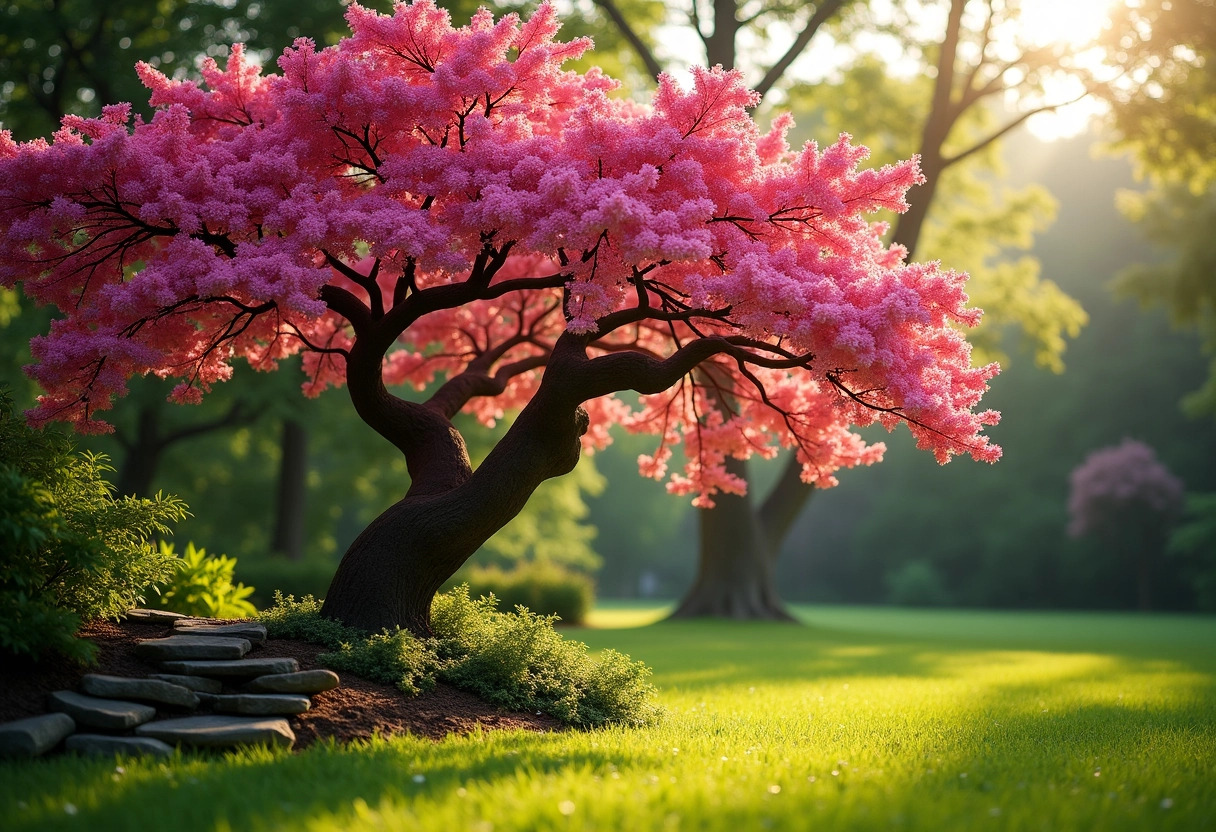 arbre fleurs roses