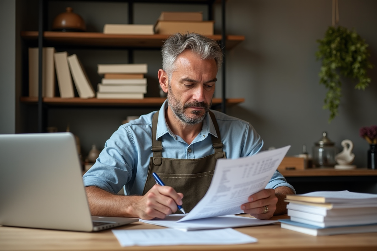 Artisan homme en bureau moderne avec documents et ordinateur