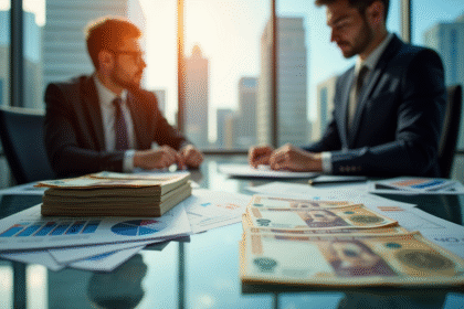 Billets de banque empiles sur une table brillante avec des professionnels analysant des graphiques