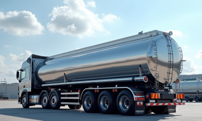 Camion citerne moderne avec réservoir en acier brillant