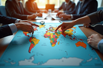Carte politique mondiale sur une table avec dirigeants pointant
