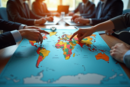 Carte politique mondiale sur une table avec dirigeants pointant