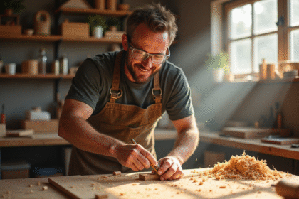 Charpentier en atelier moderne travaillant le bois avec outils