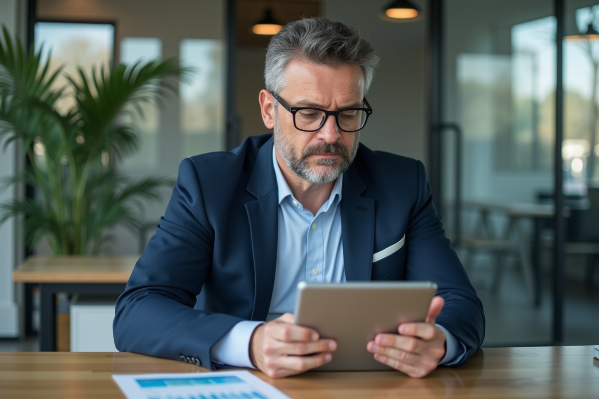 Conseiller financier en costume bleu examinant des taux hypothécaires