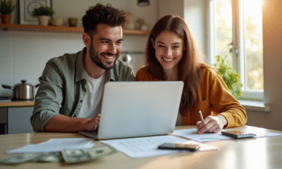 Jeune couple souriant à la cuisine avec budget et argent