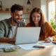 Jeune couple souriant à la cuisine avec budget et argent