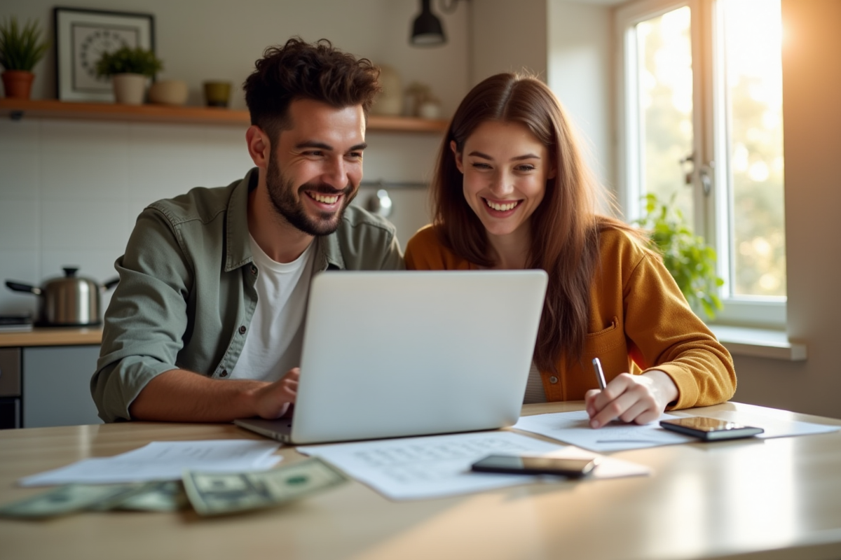 Jeune couple souriant à la cuisine avec budget et argent