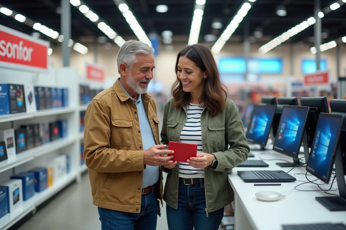 Couple utilisant une carte cadeau Kadéos Edenred dans un magasin d'électronique