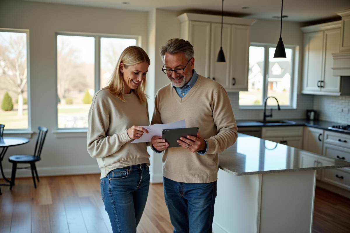 Couple dans une cuisine moderne examinant des documents