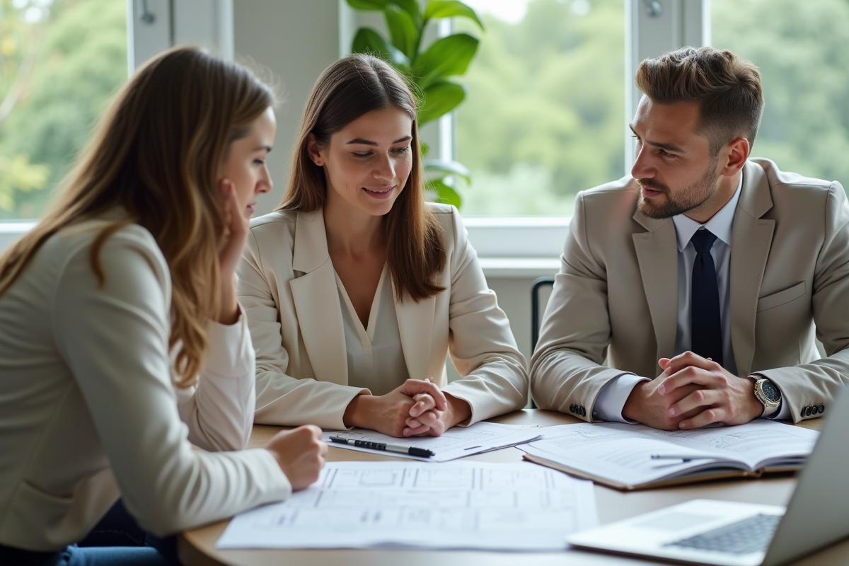 Jeune couple écoute un notaire expliquer des papiers