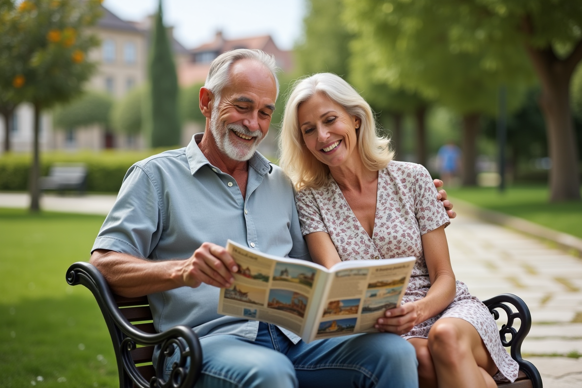Couple souriant en voyage dans un parc verdoyant