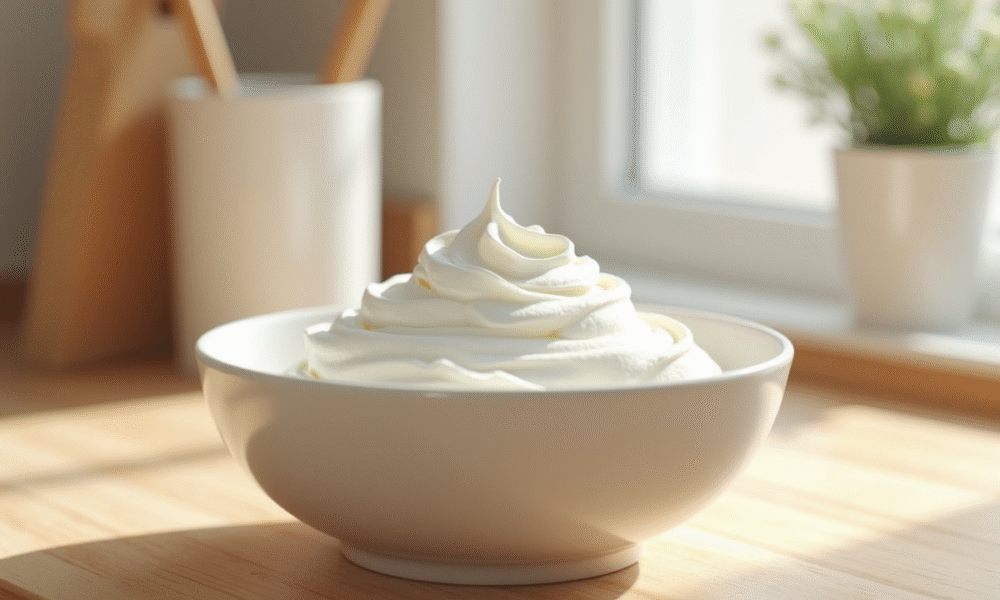Crème fouettée dans un bol en cuisine lumineuse