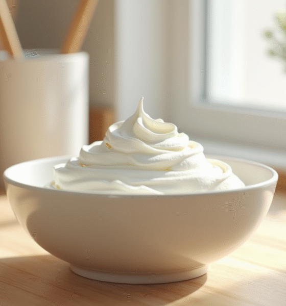 Crème fouettée dans un bol en cuisine lumineuse