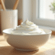 Crème fouettée dans un bol en cuisine lumineuse