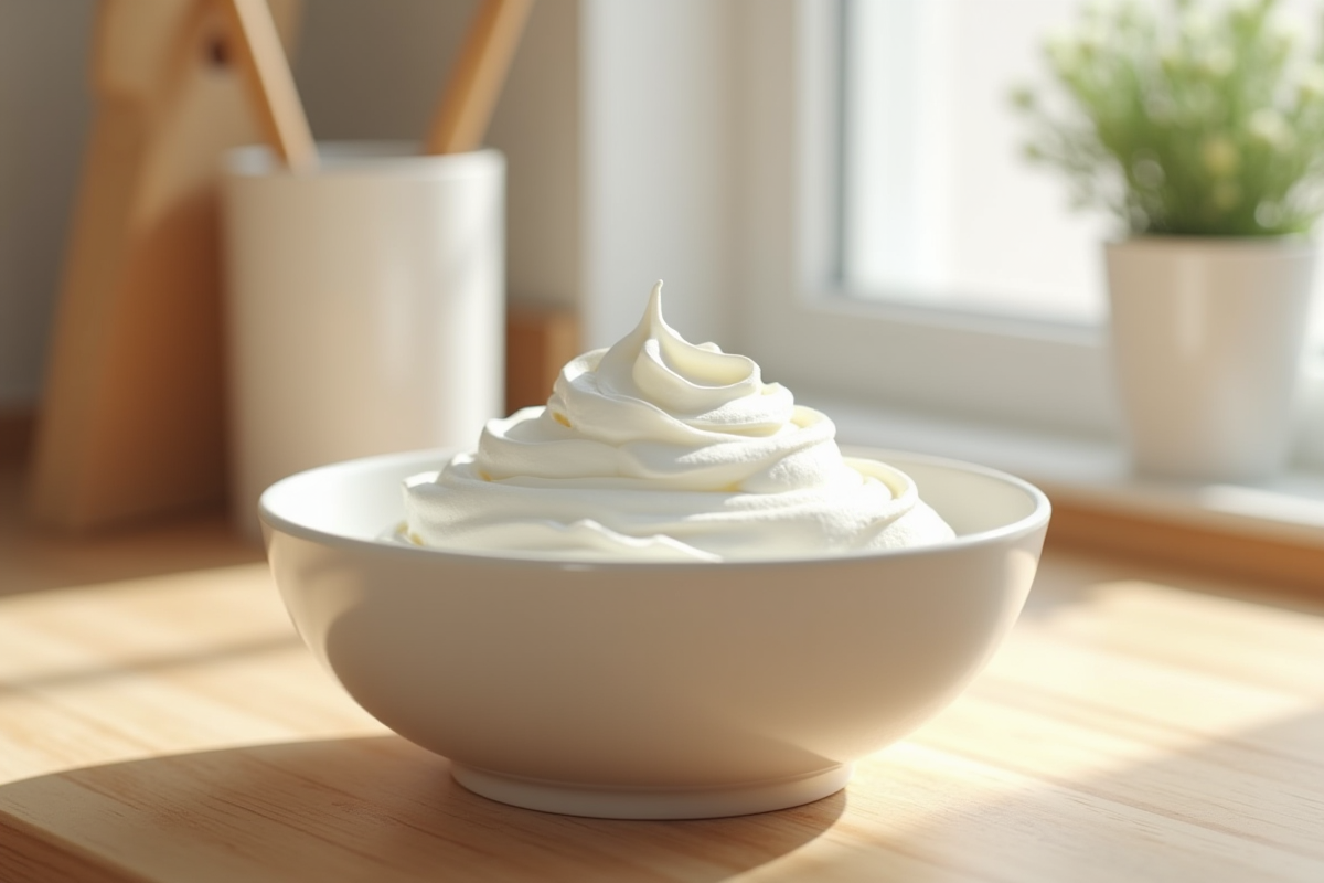Crème fouettée dans un bol en cuisine lumineuse