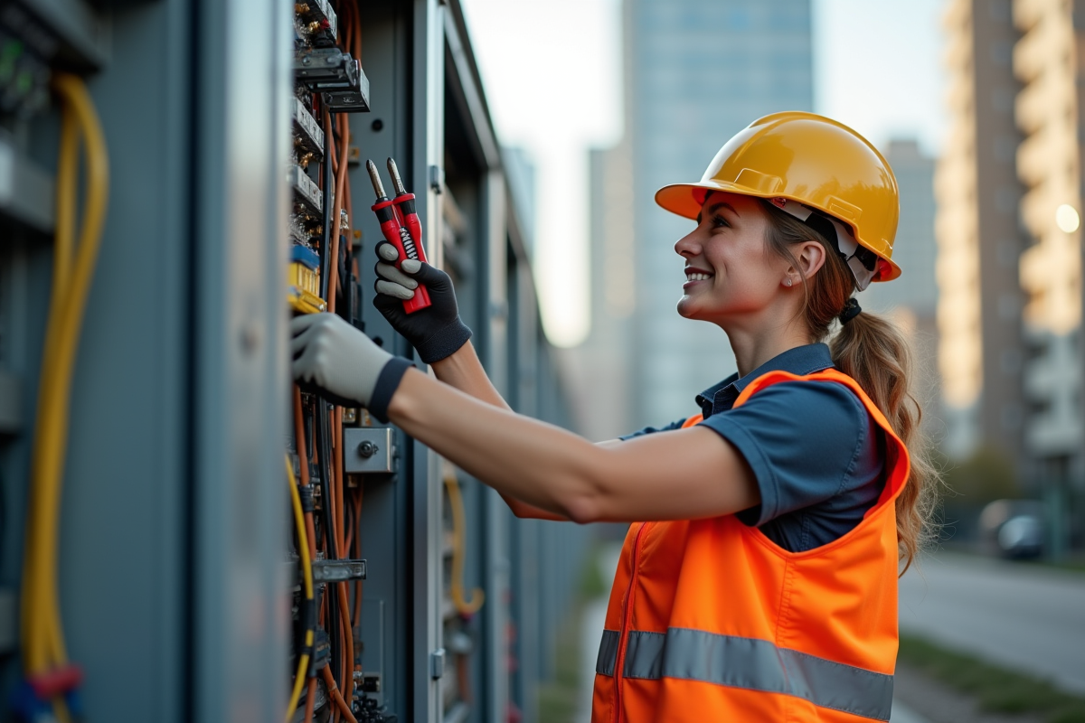 Électricienne en extérieur réparant un panneau de contrôle