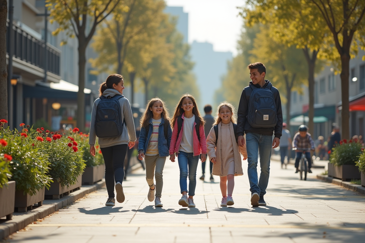 Enfants et parents marchant dans une rue urbaine animée