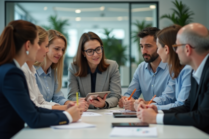 Groupe de professionnels RH en réunion dans un bureau moderne