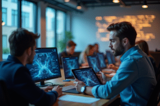 Espace de travail moderne avec collaborateurs utilisant laptops