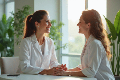 Estheticien dans une clinique moderne et propre avec une cliente souriante