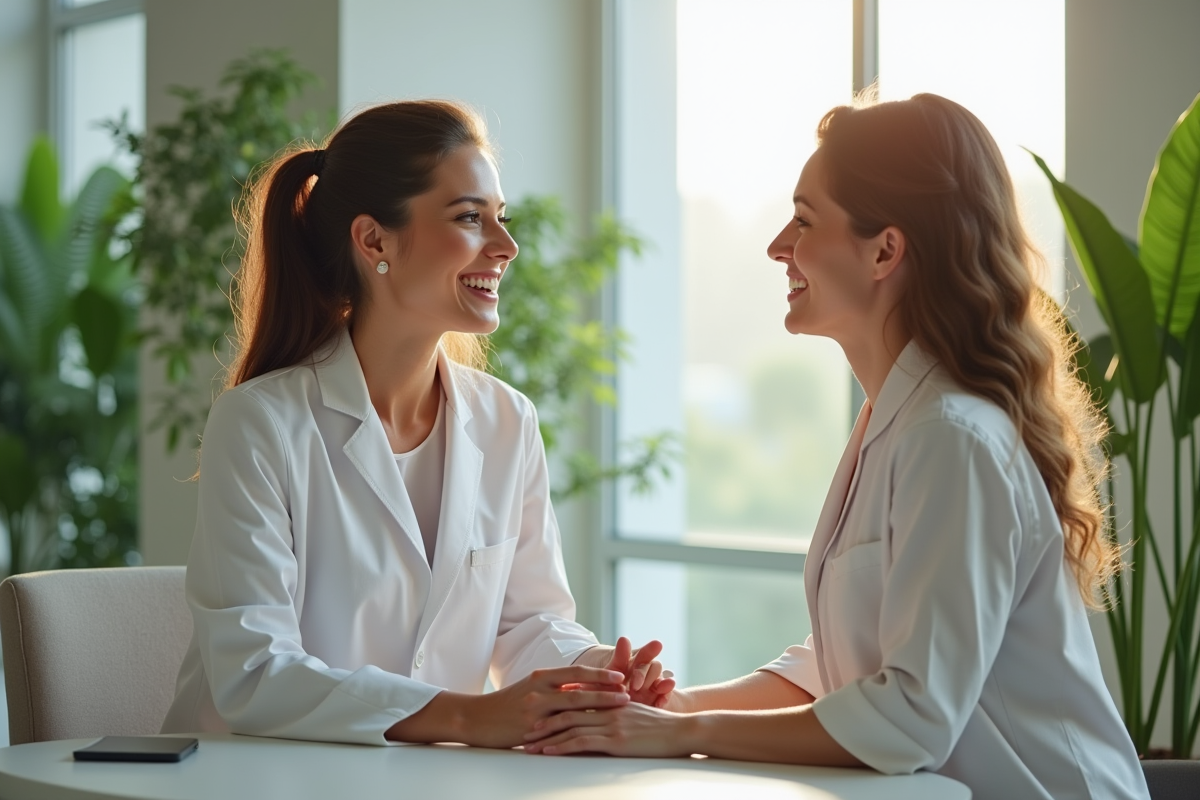 Estheticien dans une clinique moderne et propre avec une cliente souriante