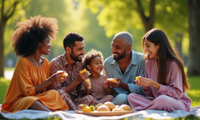 Famille multiculturelle partageant un pique-nique en plein air