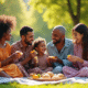Famille multiculturelle partageant un pique-nique en plein air