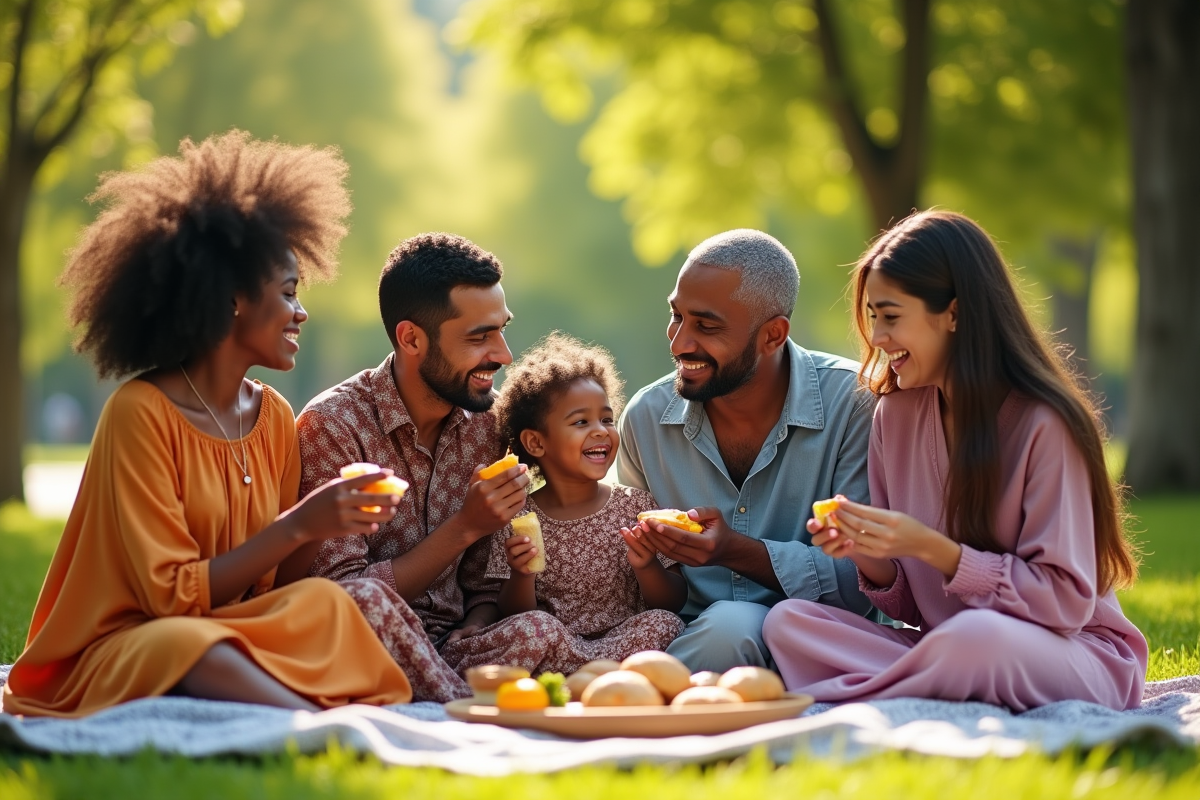 Famille multiculturelle partageant un pique-nique en plein air
