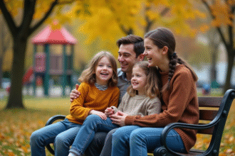 Famille souriante sur un banc dans un parc en automne