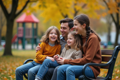 Famille souriante sur un banc dans un parc en automne