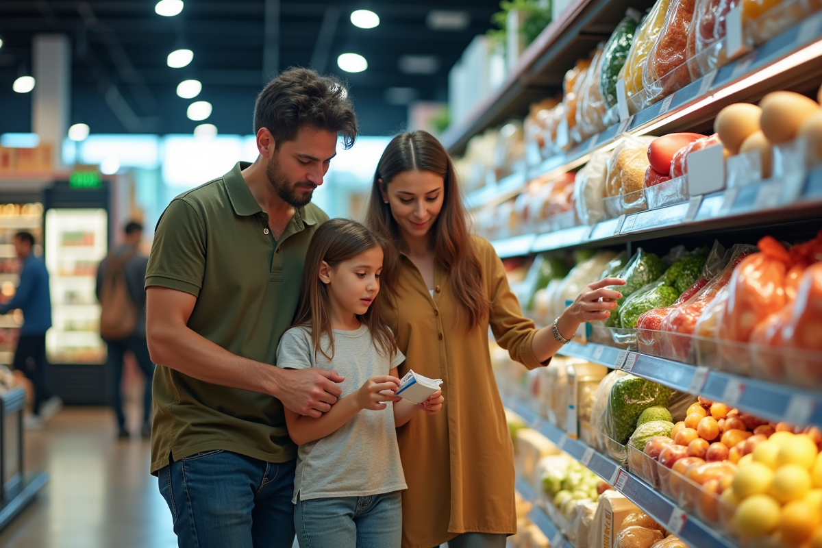 Famille faisant des courses dans un supermarche moderne avec etiquettes de prix