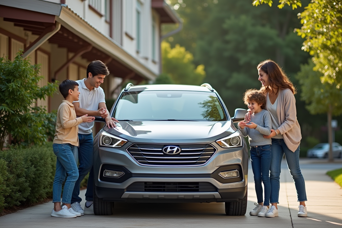 Famille heureuse avec leur voiture neuve dans la cour