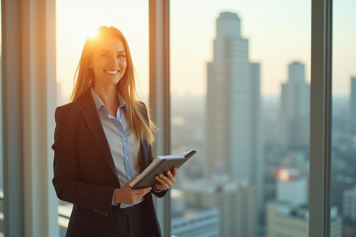 Femme confiante en tenue d'affaires dans un bureau moderne