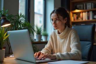 Jeune femme au bureau dans un appartement moderne