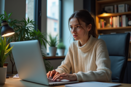 Jeune femme au bureau dans un appartement moderne