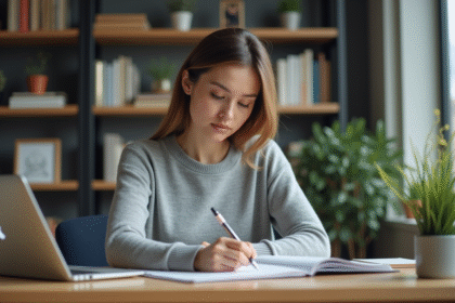 Jeune femme au bureau organise ses notes dans un espace calme
