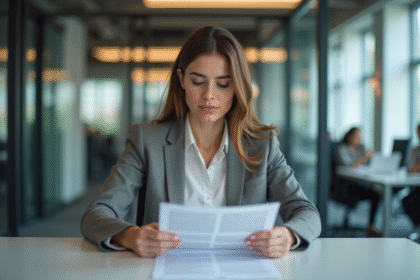 Femme en costume examinant une politique de confidentialité au bureau