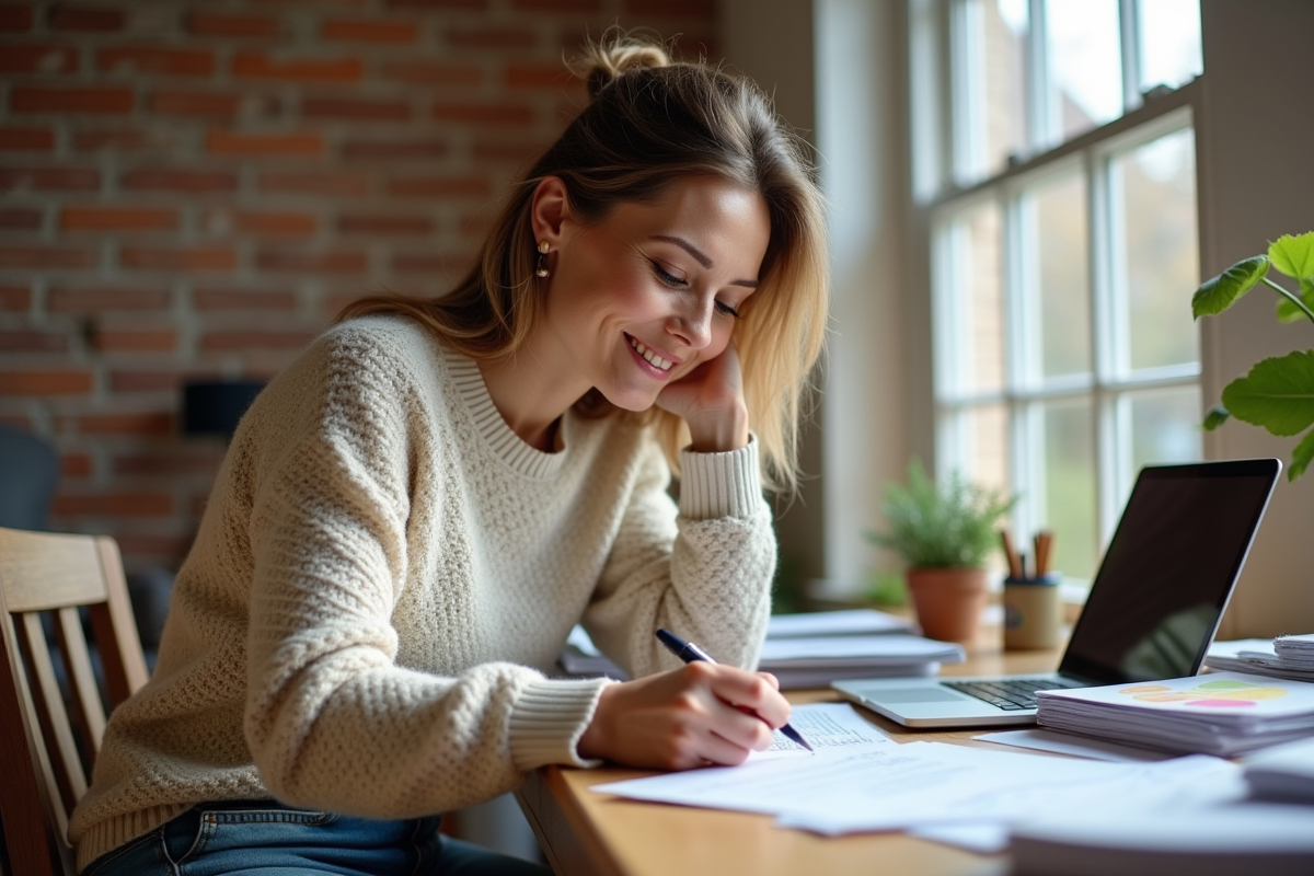 Femme souriante vérifiant ses factures de rénovation à la maison