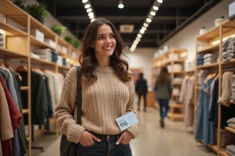 Jeune femme utilisant un chèque Kadéos Edenred dans une boutique de prêt-à-porter moderne