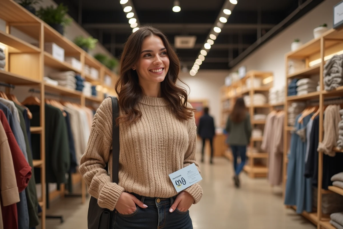 Jeune femme utilisant un chèque Kadéos Edenred dans une boutique de prêt-à-porter moderne