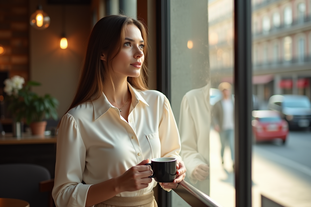 Femme élégante regardant par la fenêtre d’un café en intérieur