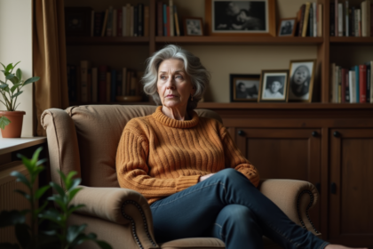 Femme d'âge moyen en pull dans un salon cozy