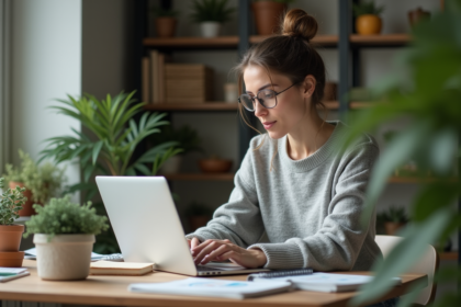 Femme réfléchissant sur des données environnementales dans un bureau