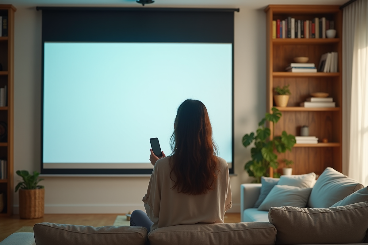 Jeune femme utilisant une télécommande pour baisser un écran dans un salon lumineux