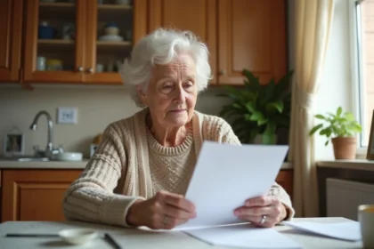 Femme âgée lisant une lettre dans la cuisine lumineuse