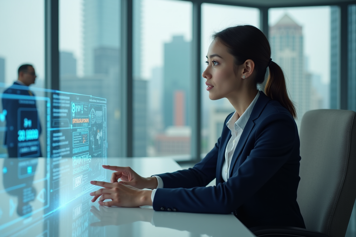 Jeune femme en blazer interactant avec interface holographique