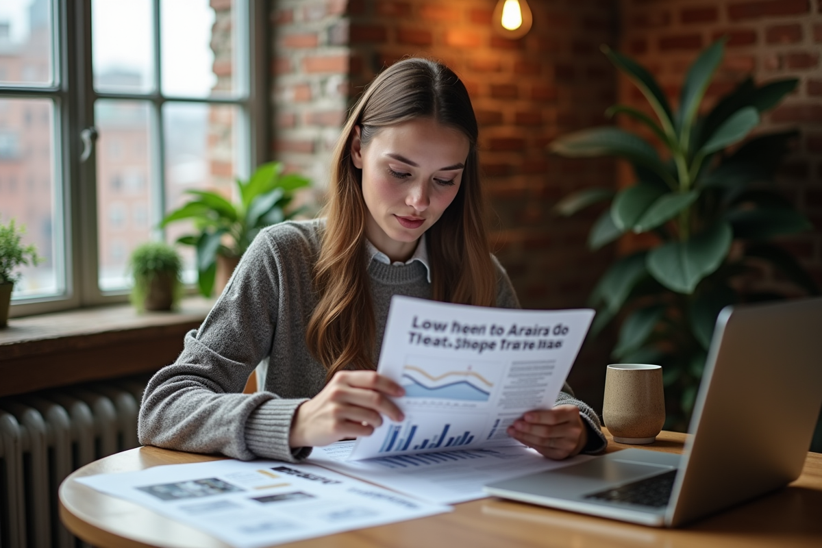 Jeune femme analysant un rapport immobilier à la maison