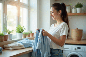 Jeune femme plie ses vêtements propres dans une buanderie lumineuse