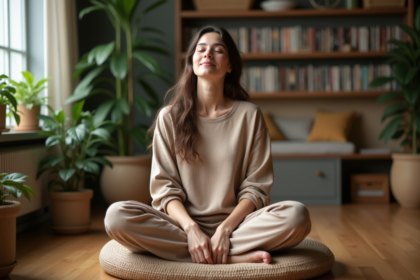 Femme assise en méditation dans un salon chaleureux