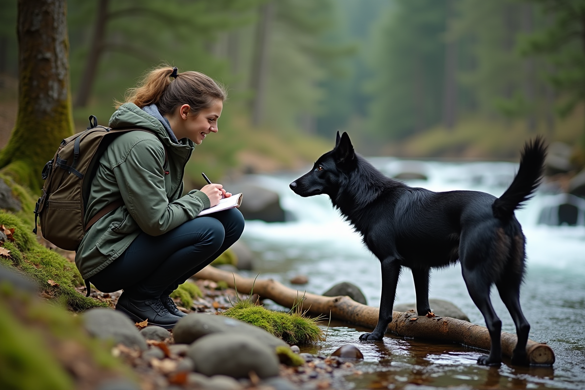 Jeune femme observant un loup noir et un chien près d